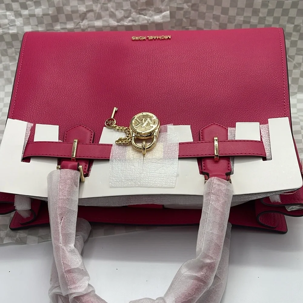 Michael Kors Hamilton Medium Leather Satchel Electric Pink NWT